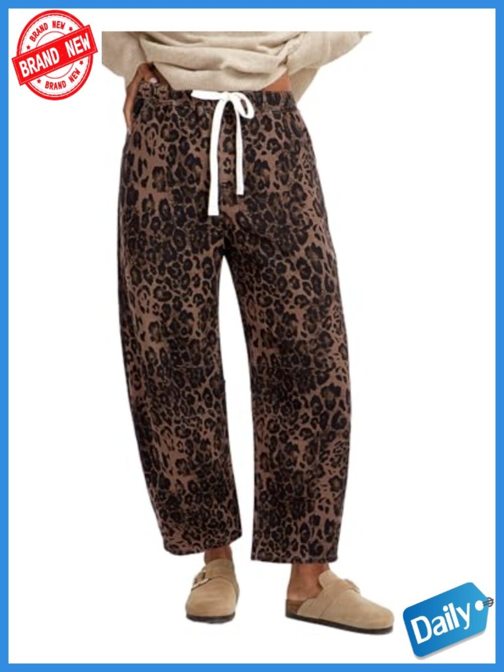 Barrel Jeans for Women High Waisted Pull On Wide Leg Cropped Leopard Print